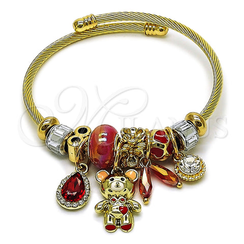 Aro Individual 07.463.0005 Acero Inoxidable, Diseño de Osito y Gota, con Cristal Siam y Aurore Boreale, Esmaltado Rojo, Tono Dorado (Grosor 03 MM, Talla Unica)