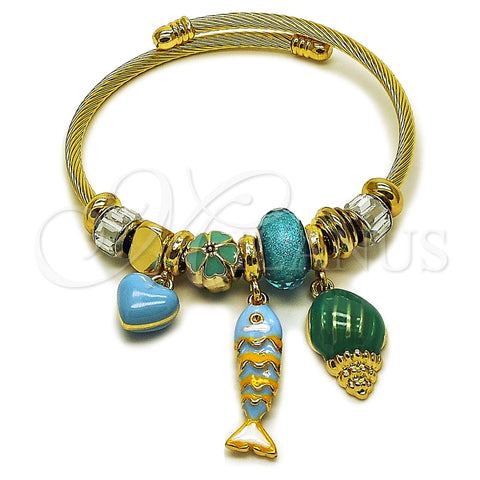 Aro Individual 07.463.0010 Acero Inoxidable, Diseño de Pescado y Caracol, con Cristal Light Turquoise y Crystal, Esmaltado Turquesa, Tono Dorado (Grosor 03 MM, Talla Unica)