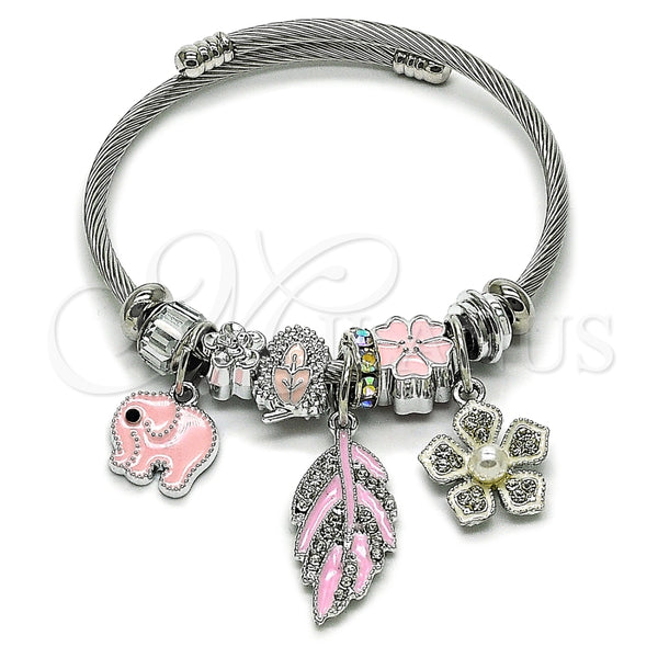 Aro Individual 07.463.0014 Acero Inoxidable, Diseño de Oja y Elefante, con Cristal Crystal y Perla Marfil, Esmaltado Rosado, Tono Plateado (Grosor 03 MM, Talla Unica)
