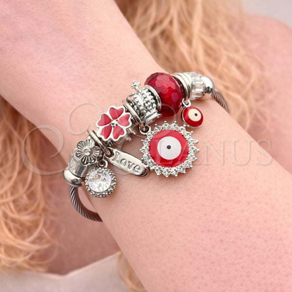 Aro Individual 07.463.0017 Acero Inoxidable, Diseño de Ojo Griego y Flor, con Cristal Crystal y Siam, Esmaltado Rojo, Tono Plateado (Grosor 03 MM, Talla Unica)