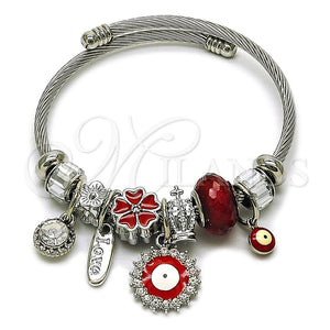 Aro Individual 07.463.0017 Acero Inoxidable, Diseño de Ojo Griego y Flor, con Cristal Crystal y Siam, Esmaltado Rojo, Tono Plateado (Grosor 03 MM, Talla Unica)