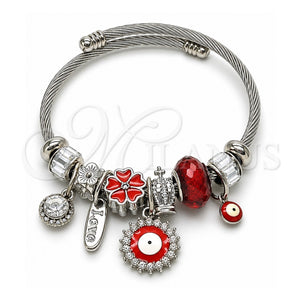 Aro Individual 07.463.0017 Acero Inoxidable, Diseño de Ojo Griego y Flor, con Cristal Crystal y Siam, Esmaltado Rojo, Tono Plateado (Grosor 03 MM, Talla Unica)