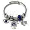 Aro Individual 07.463.0018 Acero Inoxidable, Diseño de Mano de Dios y Ojo Griego, con Cristal Tanzanite y Crystal, Esmaltado Azul, Tono Plateado (Grosor 03 MM, Talla Unica)