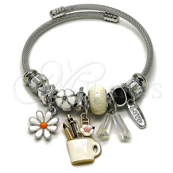 Aro Individual 07.463.0023 Acero Inoxidable, Diseño de Flor y Labios, con Cristal Crystal, Esmaltado Blanco, Dos Tonos (Grosor 03 MM, Talla Unica)