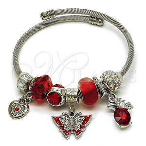 Aro Individual 07.464.0003 Acero Inoxidable, Diseño de Mariposa y Corazón, con Cristal Crystal y Aurore Boreale, Esmaltado Rojo, Tono Plateado (Grosor 03 MM, Talla Unica)