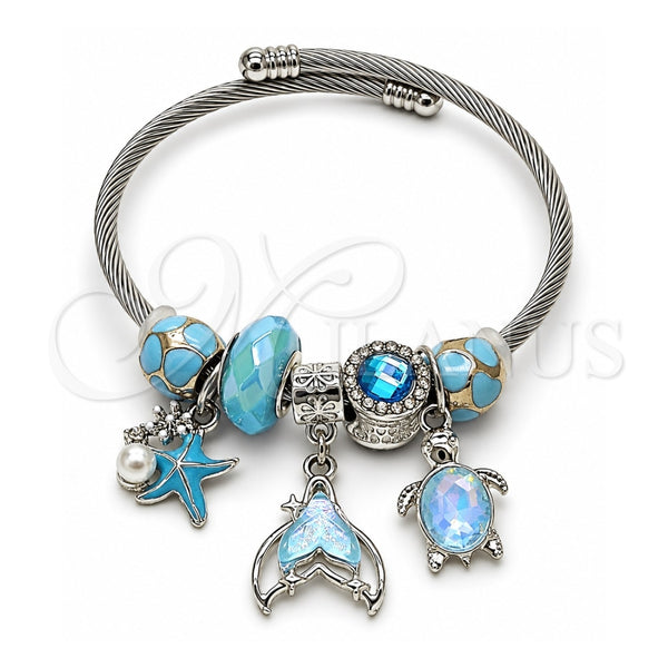 Aro Individual 07.464.0004 Acero Inoxidable, Diseño de Mariposa y Tortuga, con Cristal Light Turquoise y Blue Zircon, Esmaltado Turquesa, Tono Plateado (Grosor 03 MM, Talla Unica)
