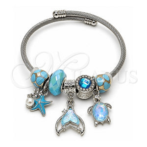 Aro Individual 07.464.0004 Acero Inoxidable, Diseño de Mariposa y Tortuga, con Cristal Light Turquoise y Blue Zircon, Esmaltado Turquesa, Tono Plateado (Grosor 03 MM, Talla Unica)