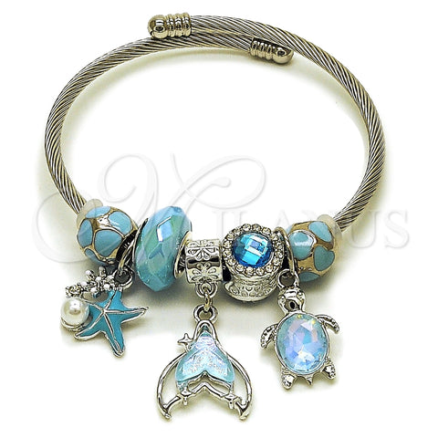 Aro Individual 07.464.0004 Acero Inoxidable, Diseño de Mariposa y Tortuga, con Cristal Light Turquoise y Blue Zircon, Esmaltado Turquesa, Tono Plateado (Grosor 03 MM, Talla Unica)