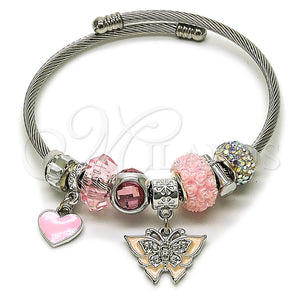 Aro Individual 07.464.0005 Acero Inoxidable, Diseño de Mariposa y Corazón, con Cristal Light Rose y Crystal, Esmaltado Rosado, Tono Plateado (Grosor 03 MM, Talla Unica)