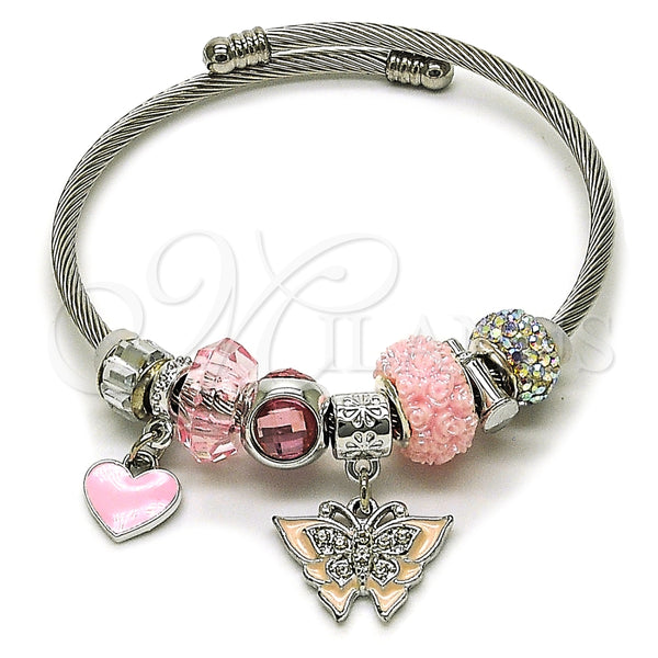 Aro Individual 07.464.0005 Acero Inoxidable, Diseño de Mariposa y Corazón, con Cristal Light Rose y Crystal, Esmaltado Rosado, Tono Plateado (Grosor 03 MM, Talla Unica)