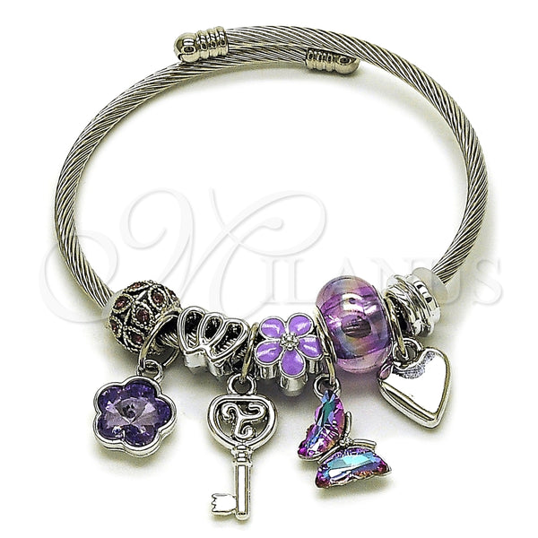 Aro Individual 07.464.0006 Acero Inoxidable, Diseño de Corazón y Mariposa, con Cristal Tanzanita, Esmaltado Violeta, Tono Plateado (Grosor 03 MM, Talla Unica)