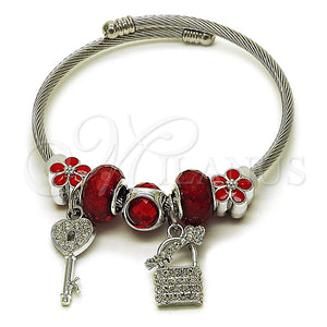 Aro Individual 07.464.0007 Acero Inoxidable, Diseño de Llave y Candado, con Cristal Siam y Crystal, Esmaltado Rojo, Tono Plateado (Grosor 03 MM, Talla Unica)