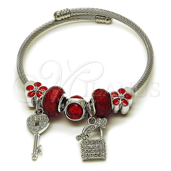 Aro Individual 07.464.0007 Acero Inoxidable, Diseño de Llave y Candado, con Cristal Siam y Crystal, Esmaltado Rojo, Tono Plateado (Grosor 03 MM, Talla Unica)