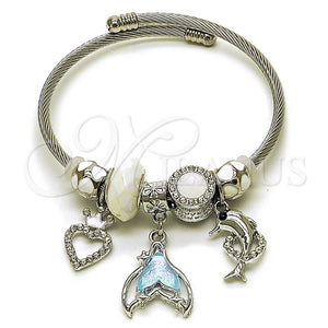 Aro Individual 07.464.0009 Acero Inoxidable, Diseño de Pescado y Corazón, con Cristal Light Turquoise y Crystal, Esmaltado Blanco, Tono Plateado (Grosor 03 MM, Talla Unica)