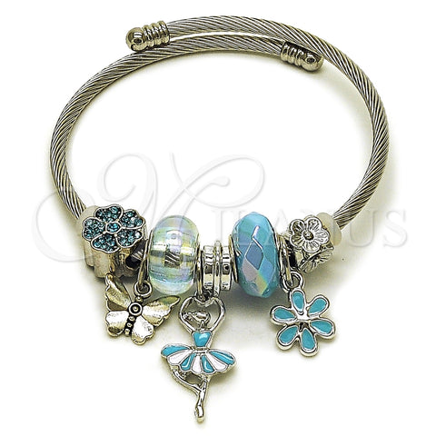 Aro Individual 07.464.0011 Acero Inoxidable, Diseño de Niñita Pequeña y Flor, con Cristal Light Turquoise y Crystal, Esmaltado Turquesa, Tono Plateado (Grosor 03 MM, Talla Unica)