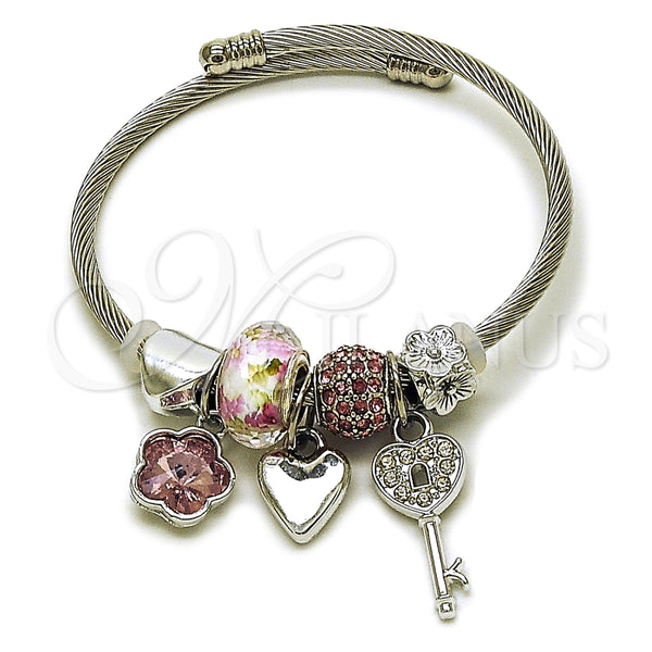 Aro Individual 07.464.0013 Acero Inoxidable, Diseño de Llave Griega y Flor, con Cristal Light Rose y Crystal, Pulido, Tono Plateado (Grosor 03 MM, Talla Unica)