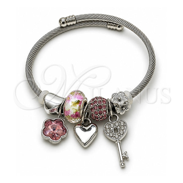 Aro Individual 07.464.0013 Acero Inoxidable, Diseño de Llave Griega y Flor, con Cristal Light Rose y Crystal, Pulido, Tono Plateado (Grosor 03 MM, Talla Unica)