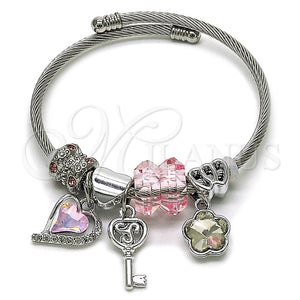 Aro Individual 07.464.0014 Acero Inoxidable, Diseño de Corazón y Llave, con Cristal Light Rose y Crystal, Pulido, Tono Plateado (Grosor 03 MM, Talla Unica)