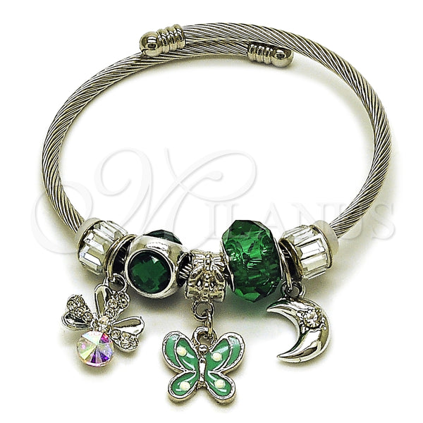 Aro Individual 07.464.0017 Acero Inoxidable, Diseño de Mariposa y Trébol de Cuatro Hojas, con Cristal Emerald y Aurore Boreale, Esmaltado Turquesa, Tono Plateado (Grosor 03 MM, Talla Unica)