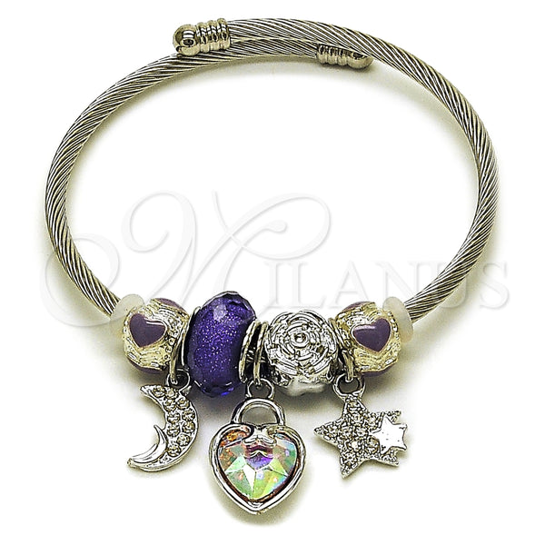 Aro Individual 07.464.0019 Acero Inoxidable, Diseño de Corazón y Luna, con Cristal Aurore Boreale y Crystal, Esmaltado Violeta, Tono Plateado (Grosor 03 MM, Talla Unica)