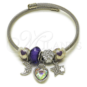 Aro Individual 07.464.0019 Acero Inoxidable, Diseño de Corazón y Luna, con Cristal Aurore Boreale y Crystal, Esmaltado Violeta, Tono Plateado (Grosor 03 MM, Talla Unica)