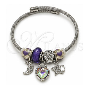 Aro Individual 07.464.0019 Acero Inoxidable, Diseño de Corazón y Luna, con Cristal Aurore Boreale y Crystal, Esmaltado Violeta, Tono Plateado (Grosor 03 MM, Talla Unica)