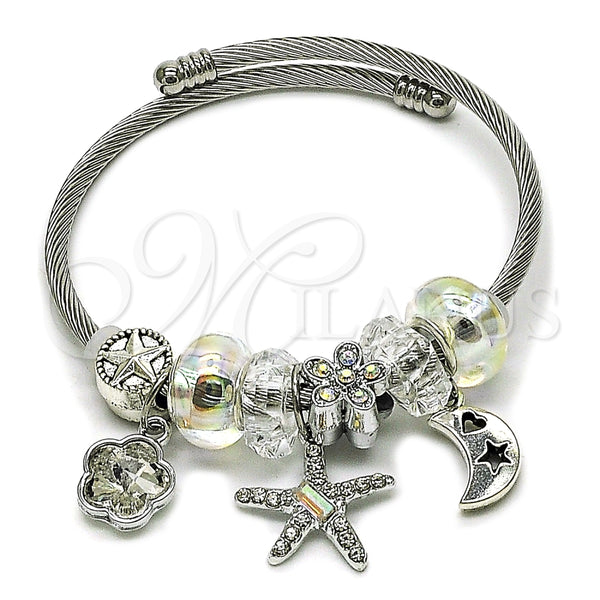 Aro Individual 07.464.0020 Acero Inoxidable, Diseño de Flor y Estrella, con Cristal Crystal y Aurore Boreale, Pulido, Tono Plateado (Grosor 03 MM, Talla Unica)