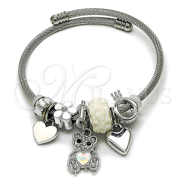 Aro Individual 07.464.0022 Acero Inoxidable, Diseño de Osito y Corazón, con Cristal Chrysolite Opal y Crystal, Esmaltado Blanco, Tono Plateado (Grosor 03 MM, Talla Unica)