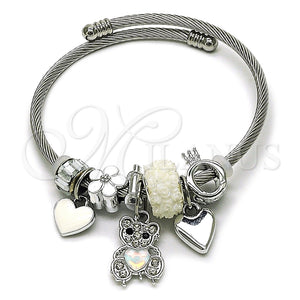Aro Individual 07.464.0022 Acero Inoxidable, Diseño de Osito y Corazón, con Cristal Chrysolite Opal y Crystal, Esmaltado Blanco, Tono Plateado (Grosor 03 MM, Talla Unica)