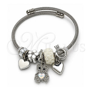 Aro Individual 07.464.0022 Acero Inoxidable, Diseño de Osito y Corazón, con Cristal Chrysolite Opal y Crystal, Esmaltado Blanco, Tono Plateado (Grosor 03 MM, Talla Unica)