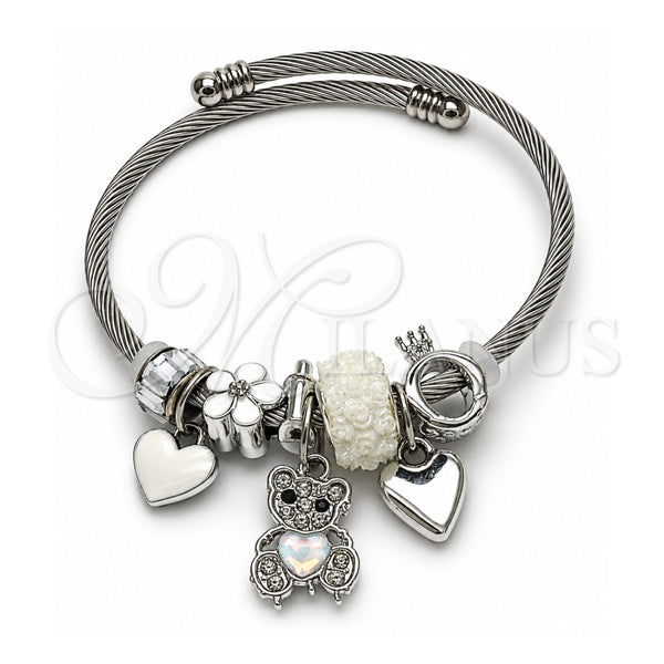 Aro Individual 07.464.0022 Acero Inoxidable, Diseño de Osito y Corazón, con Cristal Chrysolite Opal y Crystal, Esmaltado Blanco, Tono Plateado (Grosor 03 MM, Talla Unica)