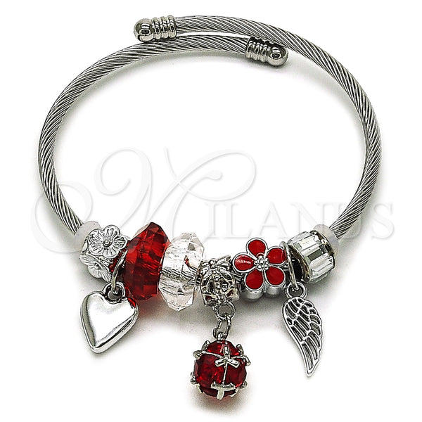 Aro Individual 07.464.0021.1 Acero Inoxidable, Diseño de Bola y Corazón, con Cristal Siam y Crystal, Esmaltado Rojo, Tono Plateado (Grosor 03 MM, Talla Unica)
