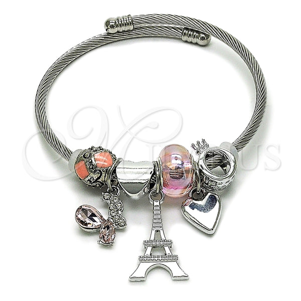 Aro Individual 07.464.0025 Acero Inoxidable, Diseño de Torre Eiffel y Mariposa, con Cristal Light Rose y Aurore Boreale, Esmaltado Rosado, Tono Plateado (Grosor 03 MM, Talla Unica)