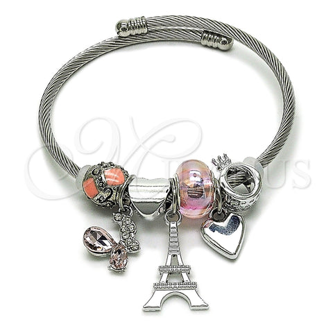 Aro Individual 07.464.0025 Acero Inoxidable, Diseño de Torre Eiffel y Mariposa, con Cristal Light Rose y Aurore Boreale, Esmaltado Rosado, Tono Plateado (Grosor 03 MM, Talla Unica)