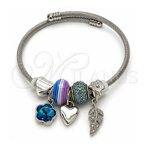 Aro Individual 07.464.0026 Acero Inoxidable, Diseño de Flor y Oja, con Cristal Indicolite y Crystal, Pulido, Tono Plateado (Grosor 03 MM, Talla Unica)