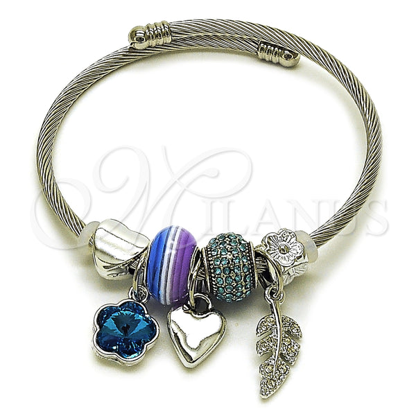 Aro Individual 07.464.0026 Acero Inoxidable, Diseño de Flor y Oja, con Cristal Indicolite y Crystal, Pulido, Tono Plateado (Grosor 03 MM, Talla Unica)