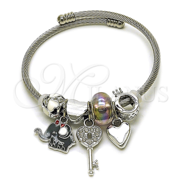 Aro Individual 07.464.0029 Acero Inoxidable, Diseño de Elefante y Corazón, con Cristal Crystal y Paradise Shine, Esmaltado Gris, Tono Plateado (Grosor 03 MM, Talla Unica)