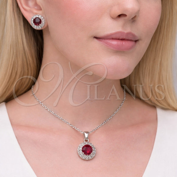 Juego de Arete y Dije de Adulto 10.349.0001.1 Rodio Laminado, Diseño de Cluster y Rolo, con Zirconia Cubica Granate y Blanca, Pulido, Rodinado