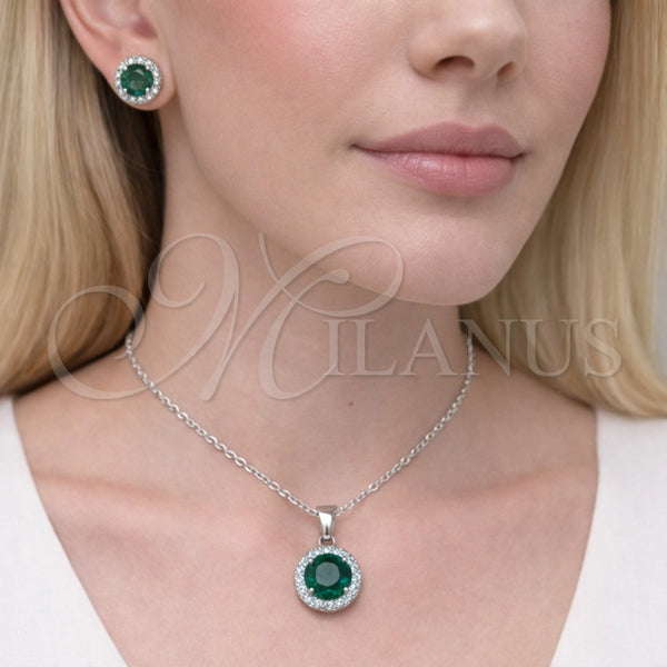 Juego de Arete y Dije de Adulto 10.349.0001.2 Rodio Laminado, Diseño de Cluster y Rolo, con Zirconia Cubica Verde y Blanca, Pulido, Rodinado