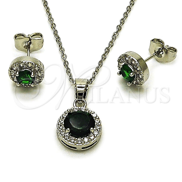 Juego de Arete y Dije de Adulto 10.349.0001.2 Rodio Laminado, Diseño de Cluster y Rolo, con Zirconia Cubica Verde y Blanca, Pulido, Rodinado