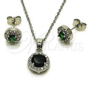 Juego de Arete y Dije de Adulto 10.349.0001.2 Rodio Laminado, Diseño de Cluster y Rolo, con Zirconia Cubica Verde y Blanca, Pulido, Rodinado