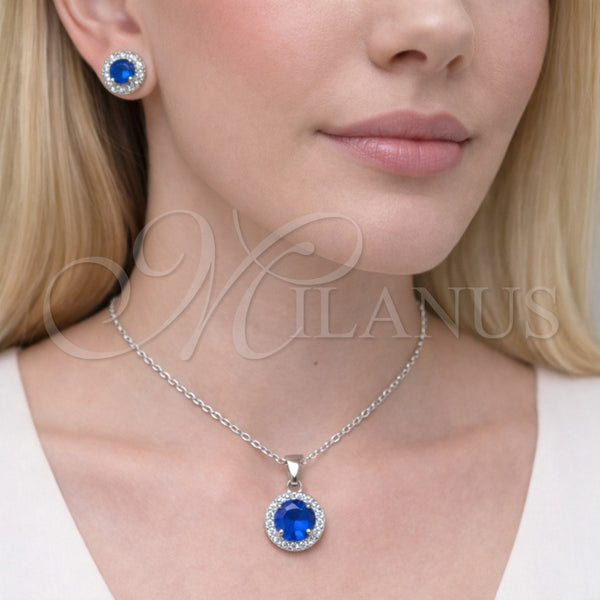 Juego de Arete y Dije de Adulto 10.349.0001.3 Rodio Laminado, Diseño de Cluster y Rolo, con Zirconia Cubica Zafiro Azul y Blanca, Pulido, Rodinado