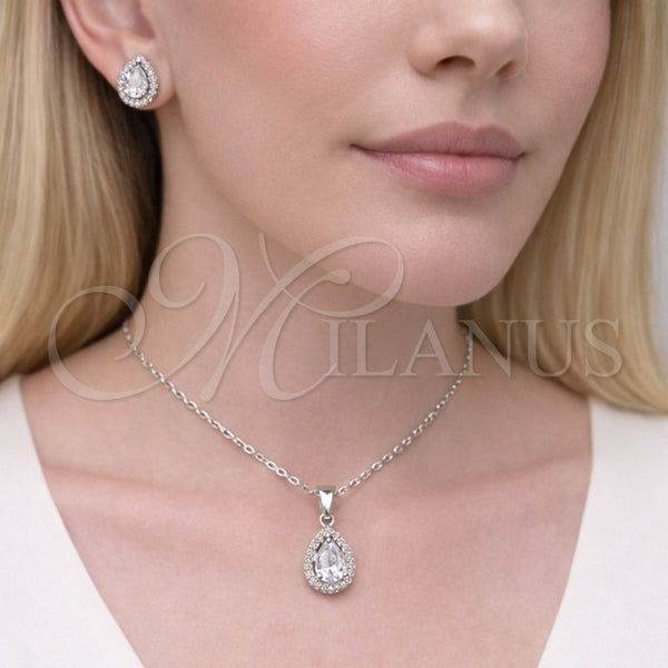 Juego de Arete y Dije de Adulto 10.349.0002 Rodio Laminado, Diseño de Gota y Cluster, con Zirconia Cubica Blanca y Micro Pave Blanca, Pulido, Rodinado