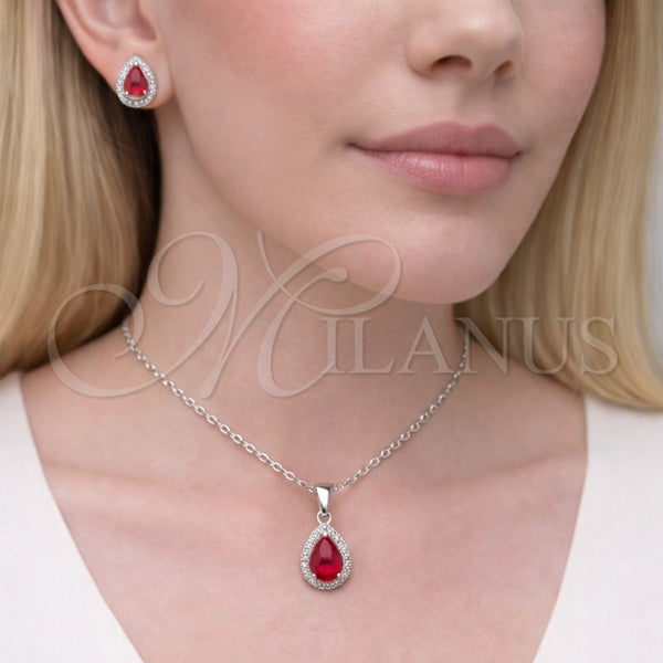 Juego de Arete y Dije de Adulto 10.349.0002.1 Rodio Laminado, Diseño de Gota y Cluster, con Zirconia Cubica Granate y Micro Pave Blanca, Pulido, Rodinado