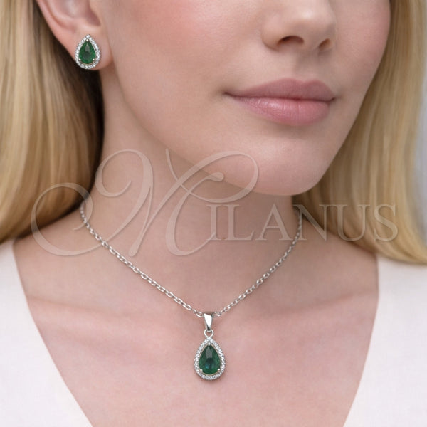Juego de Arete y Dije de Adulto 10.349.0002.2 Rodio Laminado, Diseño de Gota y Cluster, con Zirconia Cubica Verde y Micro Pave Blanca, Pulido, Rodinado