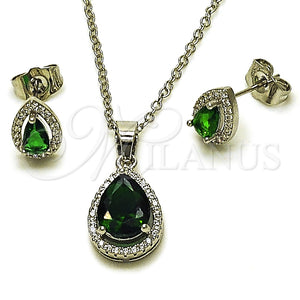 Juego de Arete y Dije de Adulto 10.349.0002.2 Rodio Laminado, Diseño de Gota y Cluster, con Zirconia Cubica Verde y Micro Pave Blanca, Pulido, Rodinado