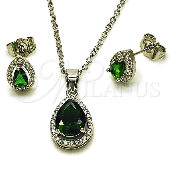 Juego de Arete y Dije de Adulto 10.349.0002.2 Rodio Laminado, Diseño de Gota y Cluster, con Zirconia Cubica Verde y Micro Pave Blanca, Pulido, Rodinado