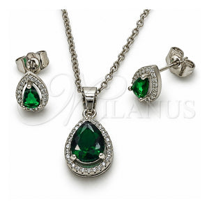 Juego de Arete y Dije de Adulto 10.349.0002.2 Oro Laminado Blanco, Diseño de Gota y Cluster, con Zirconia Cubica Verde y Micro Pave Blanca, Pulido, Rodinado