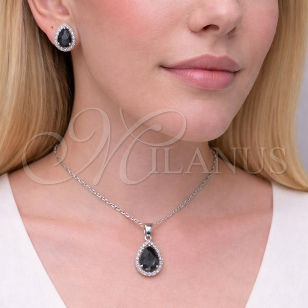 Juego de Arete y Dije de Adulto 10.349.0002.4 Rodio Laminado, Diseño de Gota y Cluster, con Zirconia Cubica Negro y Micro Pave Blanca, Pulido, Rodinado