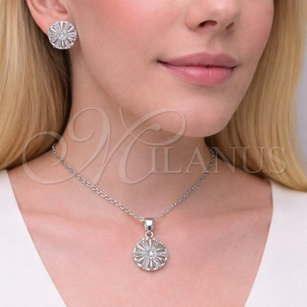 Juego de Arete y Dije de Adulto 10.349.0003 Rodio Laminado, Diseño de Flor y Baguette, con Zirconia Cubica Blanca, Pulido, Rodinado